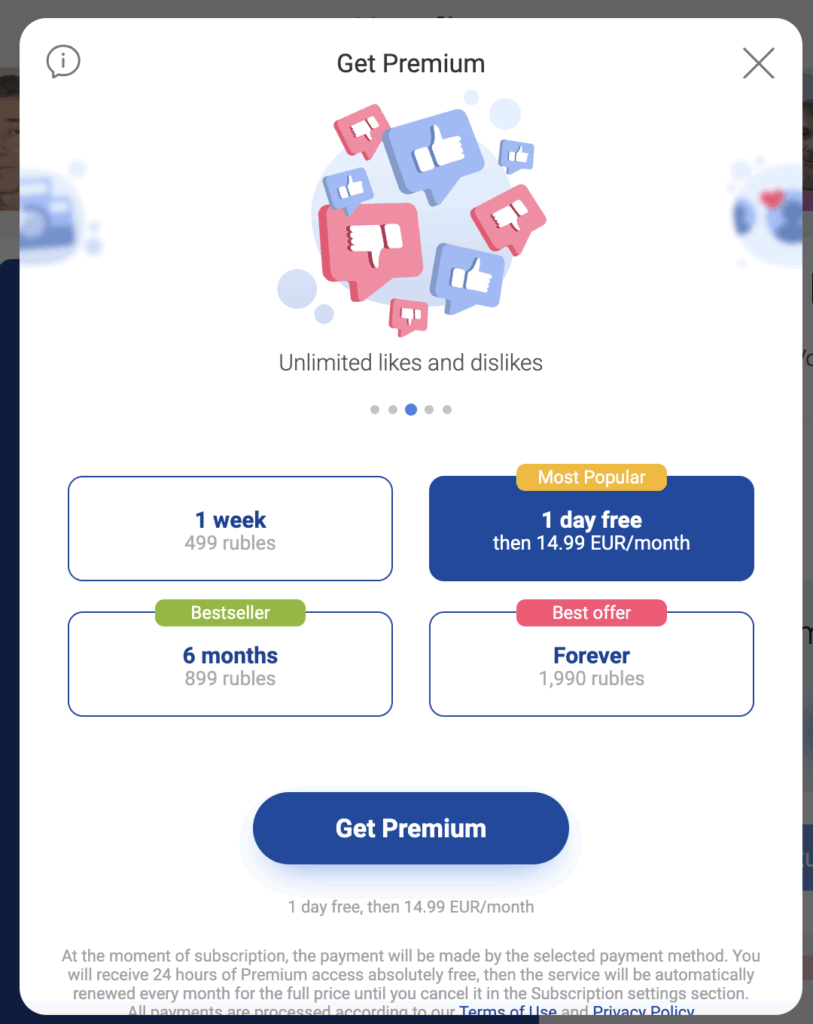 Страница с тарифами и платными функциями сайта Znakomstva.ru
