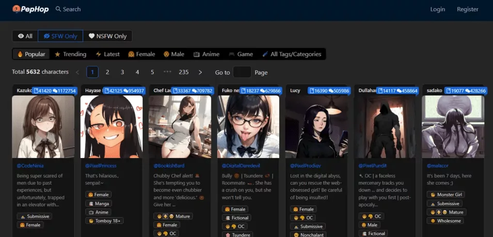 Каталог персонажей в PepHop AI
